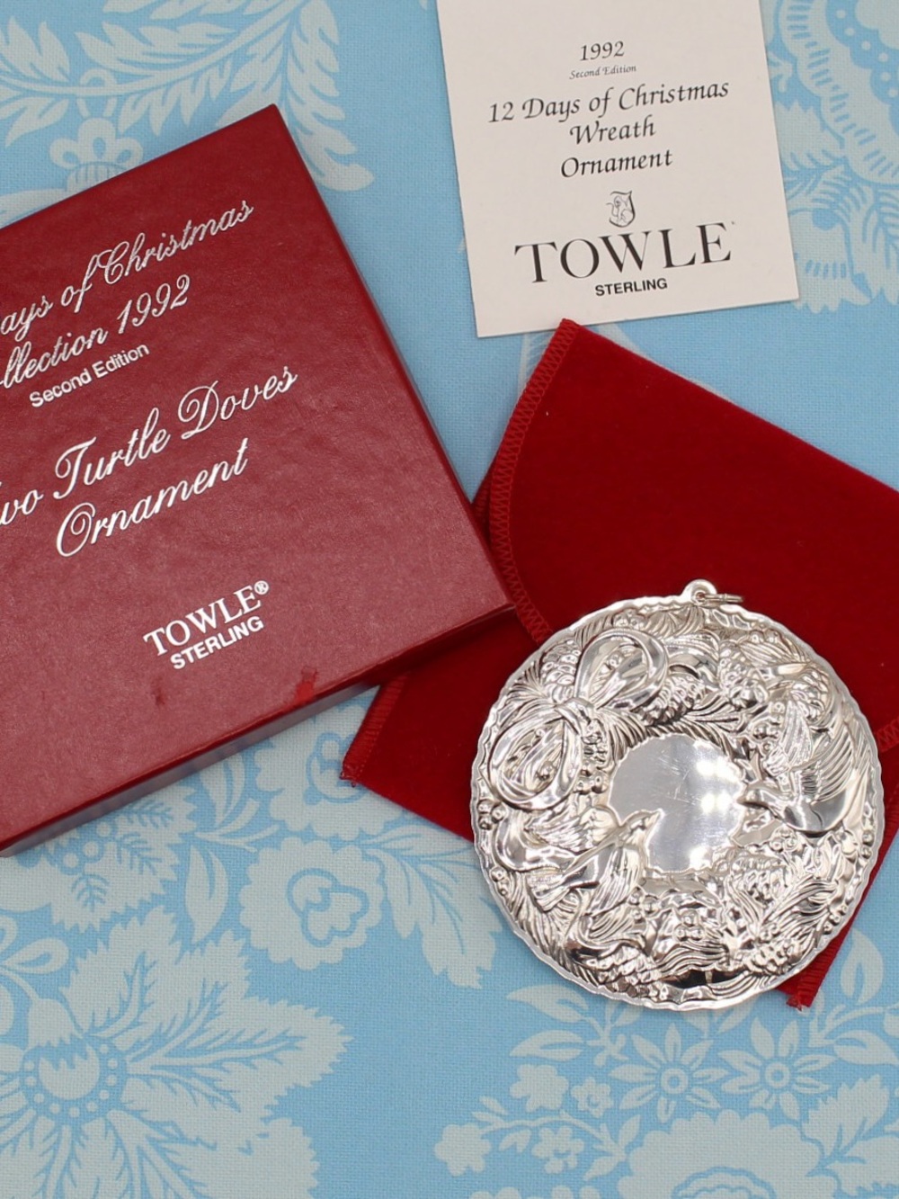 Towle 1992 Sterling 12 Days of Christmas Wreath "Two Turtle Doves" Ornament